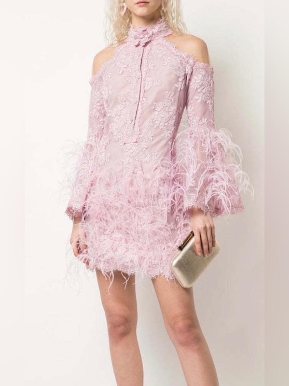 Marchesa Pink Feather-Trim Cold-Shoulder Mini Dress